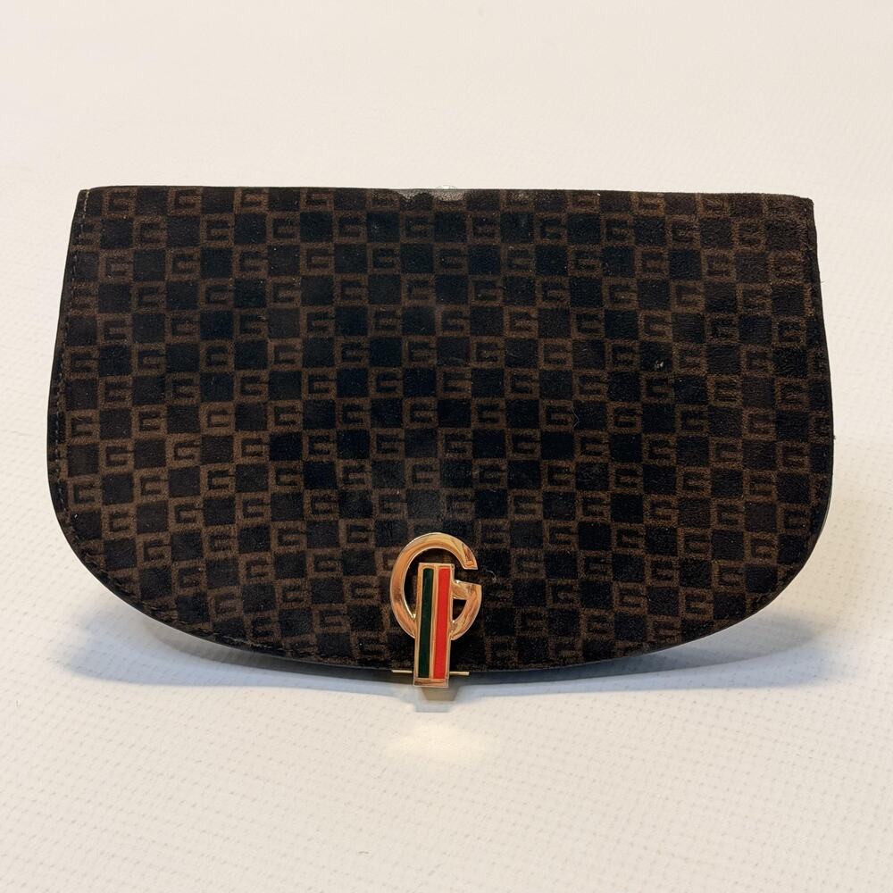 Vintage Gucci Boutique Clutch Bag Womens Small Brown Suede Monogram Italy